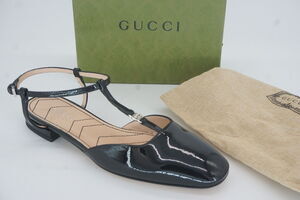 GucciBlack Patent Buckled T Strap GG Square Ballet Flat Sandals Size 36 NIB $890